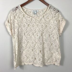 Vintage Forever 21 cream ivory lace boxy fit shirt top roll sleeve size large